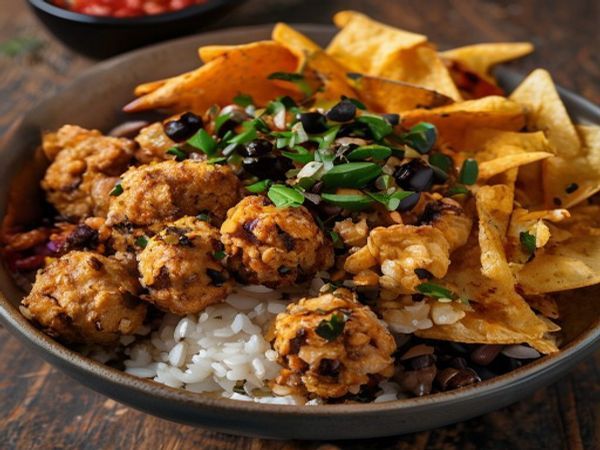Mexican Falafel Rice Bowl with Nachos