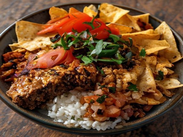 Mexican Patty Rice Bowl with Nachos